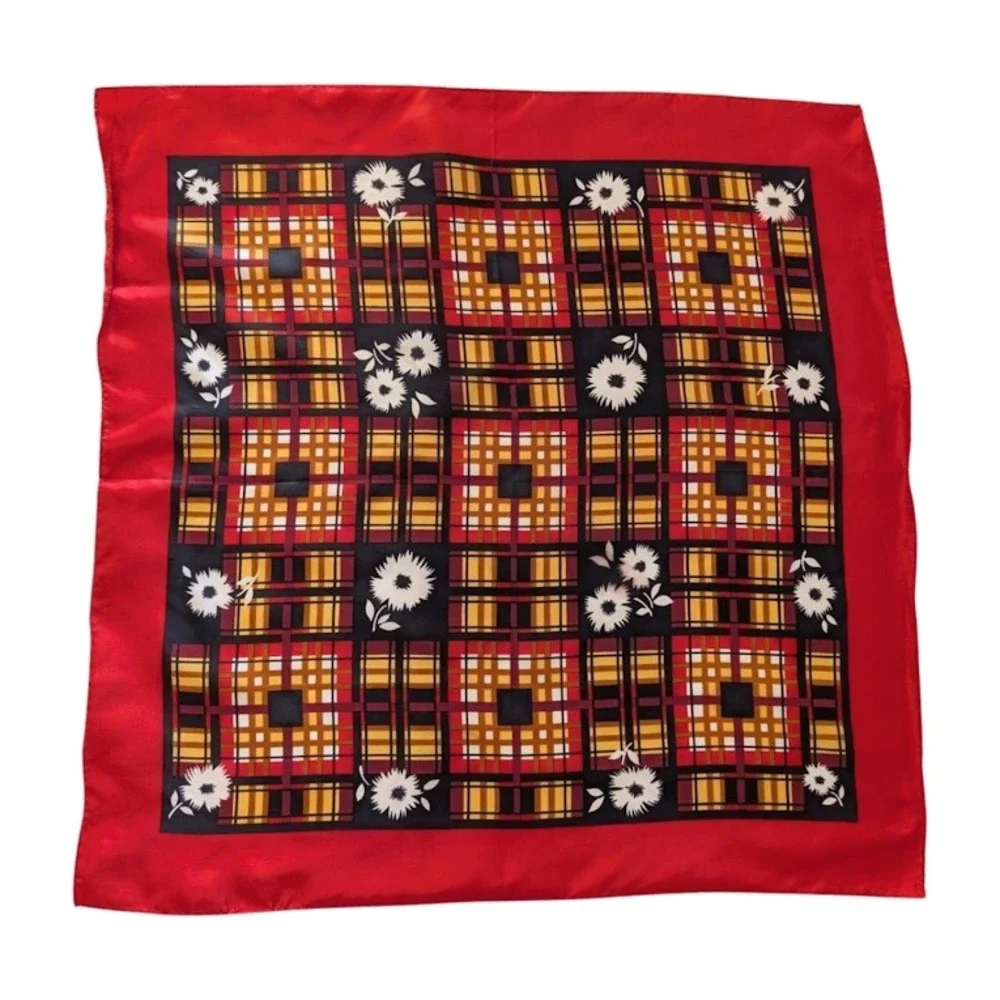 Glentex Vintage 70s Acetate Scarf Red‎ Plaid Daisy Print 23" Square Scarf - Picture 4 of 6